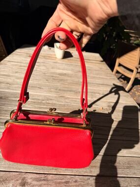 Vintage Etra Red Double Kiss Lock Frame Handbag Top Handle Purse 60s 70s